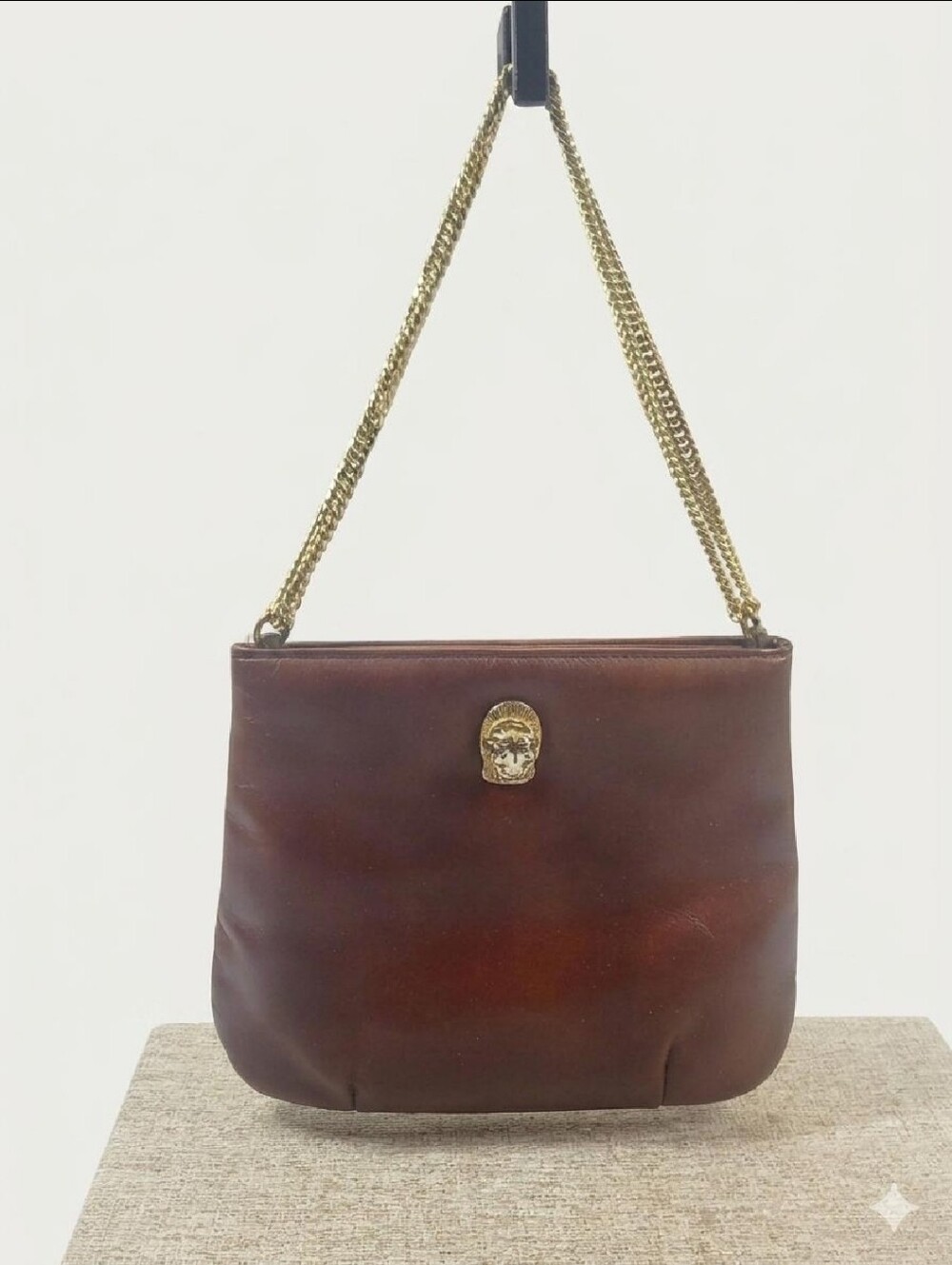 Vintage Ruth Saltz Brown Leather Gold Chain Strap Tigers Head Bag